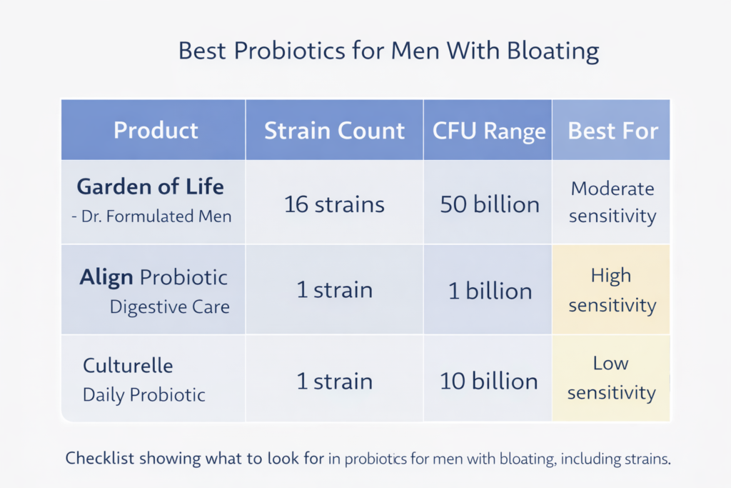 Comparison chart of probiotics for men with bloating based on strain type, CFU level, and digestive sensitivity