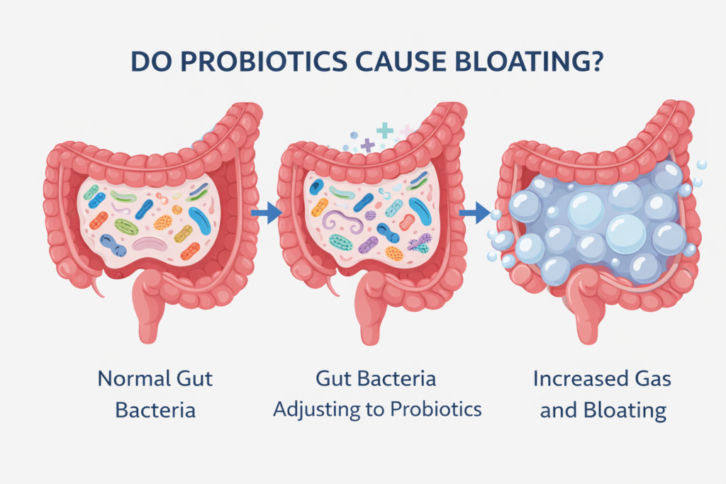 Alt: Illustration showing how probiotics can cause temporary bloating as gut bacteria adjust