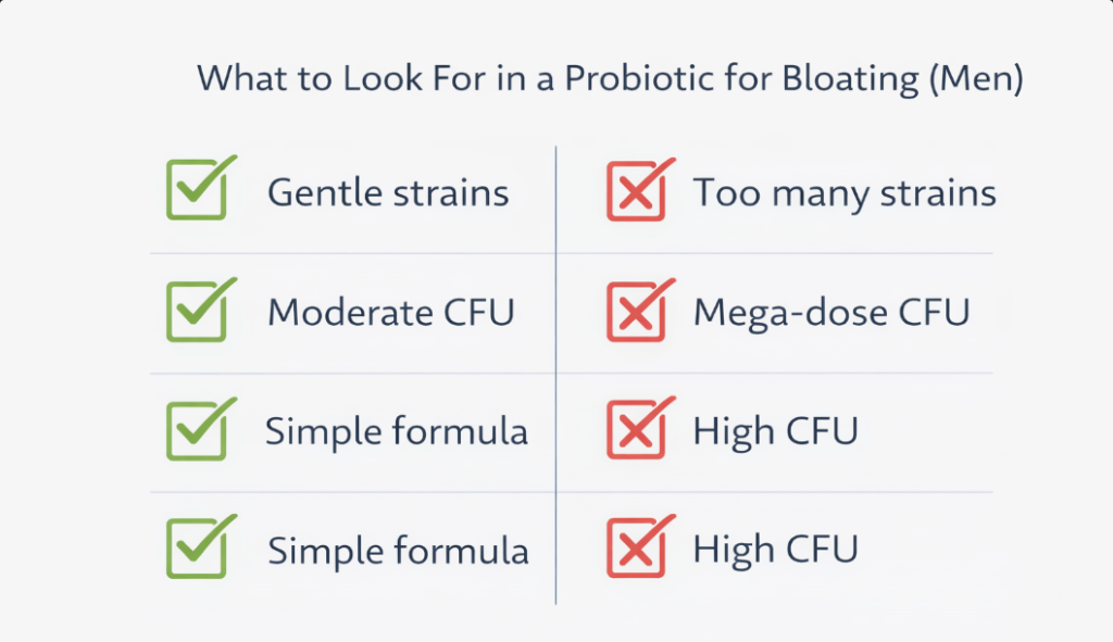 Checklist showing what to look for in probiotics for men with bloating, including strains, dosage, and tolerance