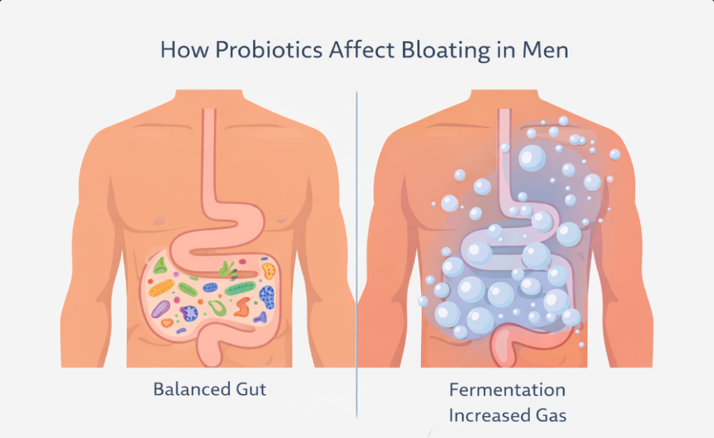 How probiotics affect bloating in men by changing gut bacteria balance and gas production