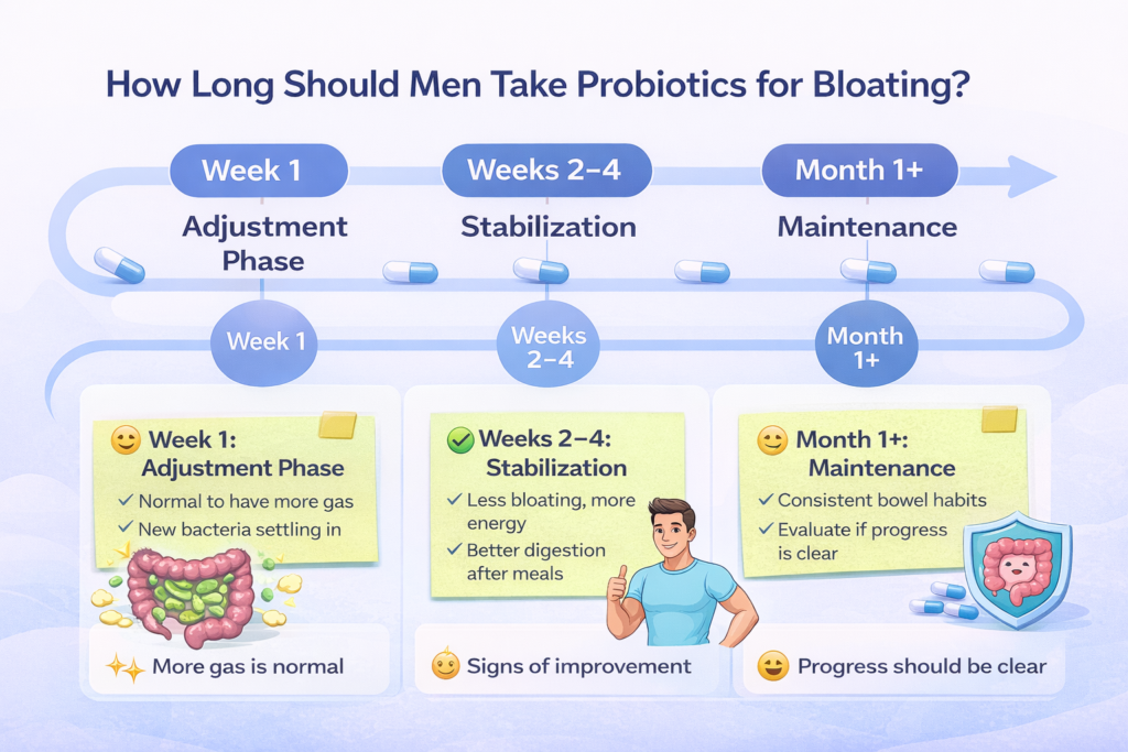Probiotic bloating timeline for men showing adjustment phase, stabilization weeks, and long-term maintenance
