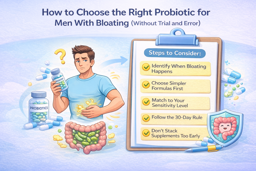 Steps to choose the right probiotic for men with bloating based on timing, sensitivity, and gut response