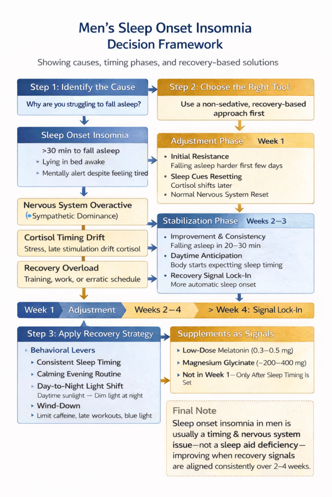 Men’s sleep onset insomnia decision framework showing causes, timing phases, and recovery-based strategies for men
