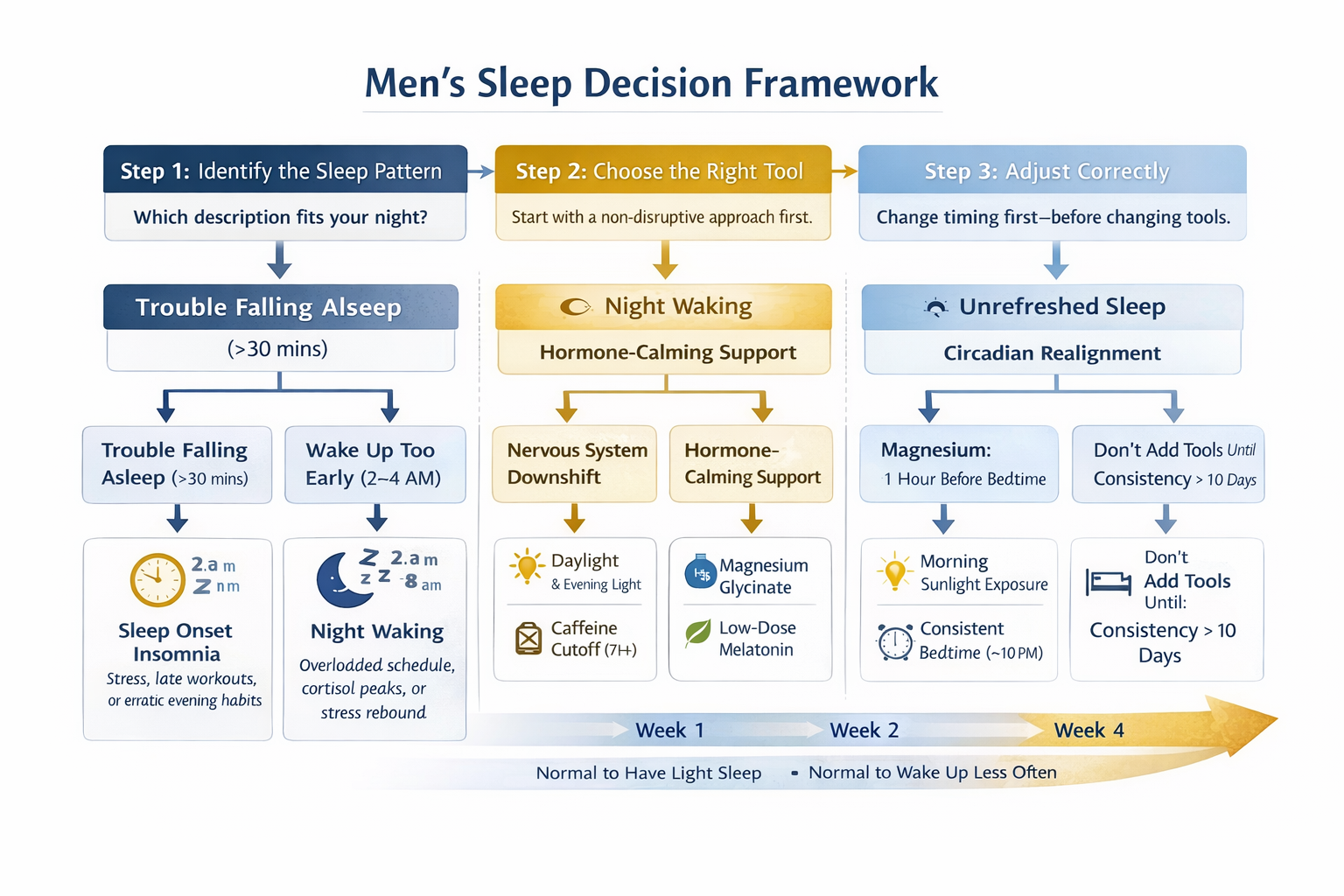 Men’s sleep decision framework showing how to choose sleep strategies based on insomnia type, timing phase, and nervous system sensitivity
