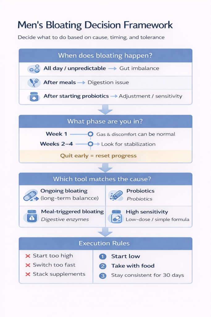 Men’s bloating decision framework showing how to choose probiotics or digestive enzymes based on bloating timing, adjustment phase, and execution rules